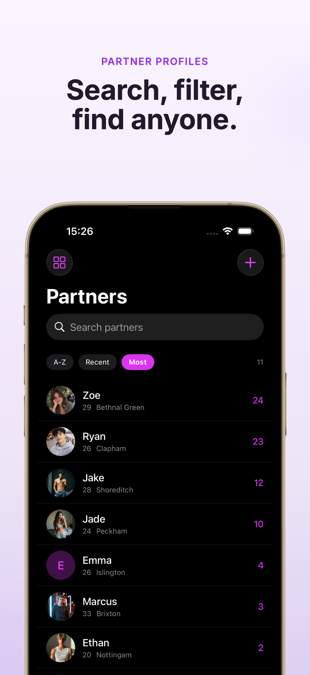 Partners list with search, tags, and filters